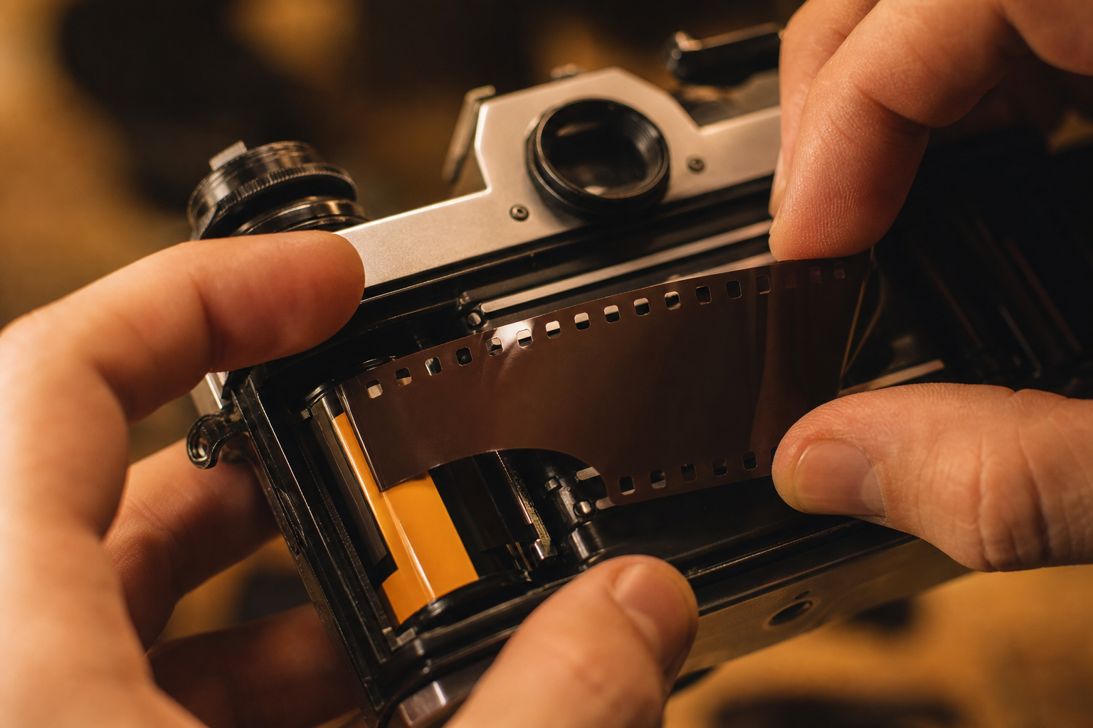 Mani che caricano un rullino da 35mm in una fotocamera