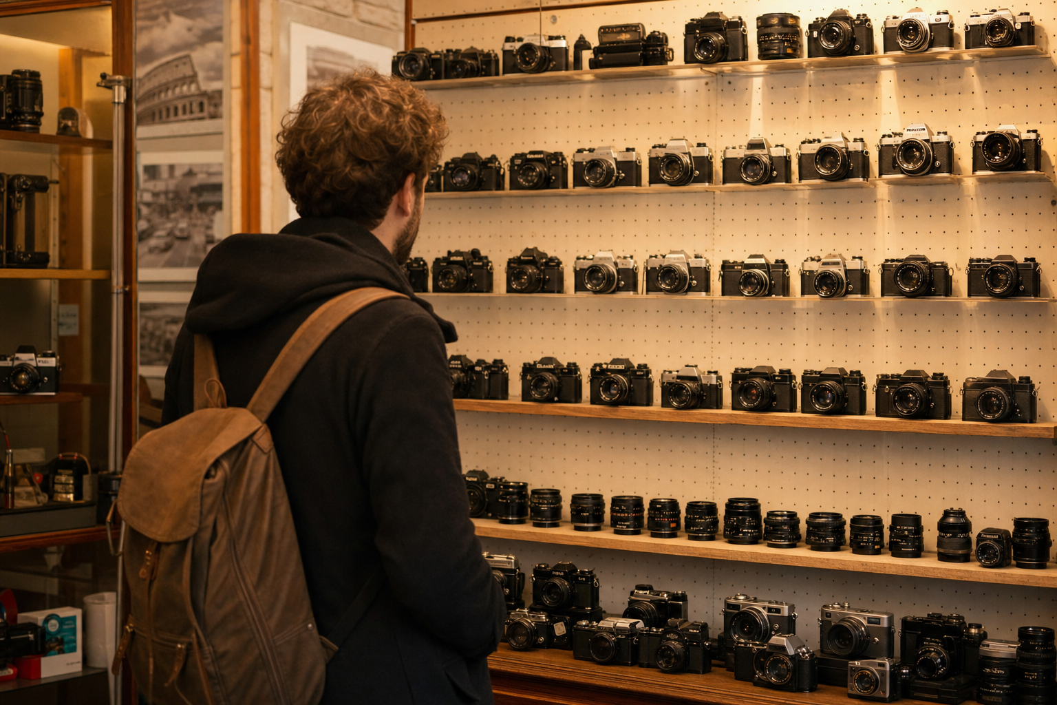 Cliente che osserva una parete di fotocamere vintage a noleggio