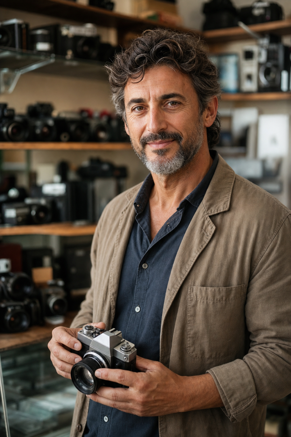 Matteo Colonna, fondatore di Pellicola, con una fotocamera analogica